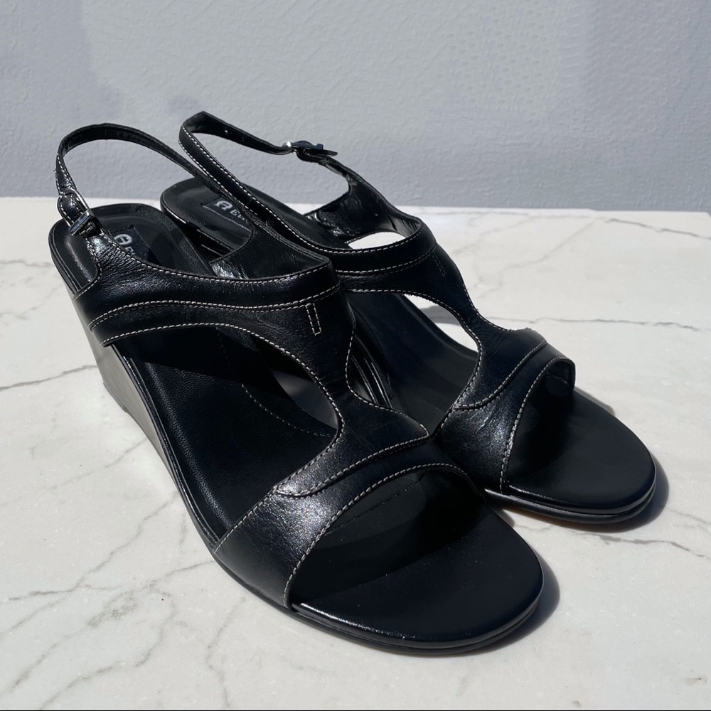 Etienne Aigner North Godiva Black Leather Wedge Sandals 9M